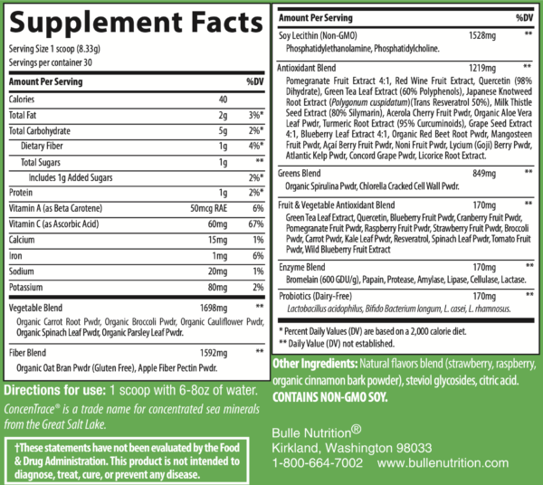 Bulle Nutrition Green Zone Nutrition Supplement Facts